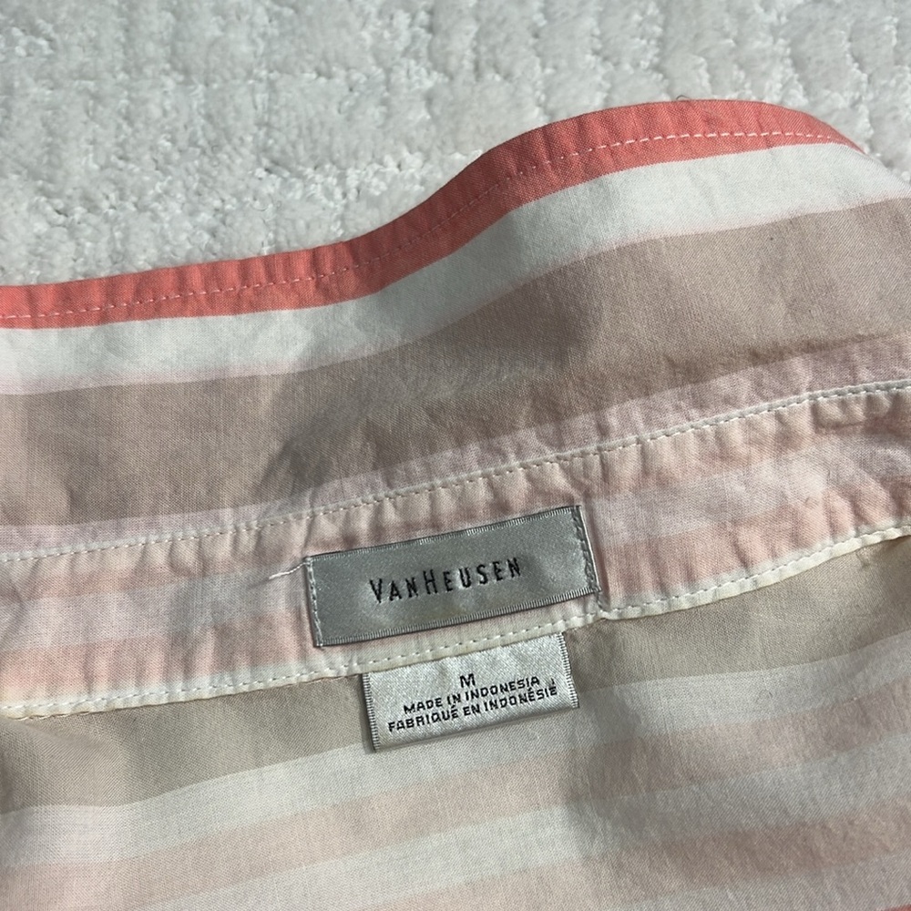 Van Heusen button up cotton stripe orange tan white collared 3/4 sleeve blouse M - Picture 4 of 9